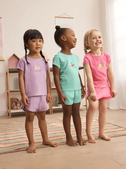 |Girl| Conjunto De 3 Pijamas Curtos Em Tons De Verde-Azulado e Rosa (9 meses a 12 anos)