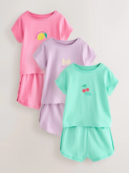 |Girl| Conjunto De 3 Pijamas Curtos Em Tons De Verde-Azulado e Rosa (9 meses a 12 anos)