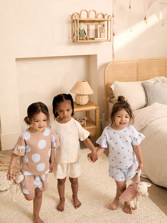 |Girl| Kit Com 3 Pijamas Curtos de Poá Azul e Marrom (9 meses a 10 anos)