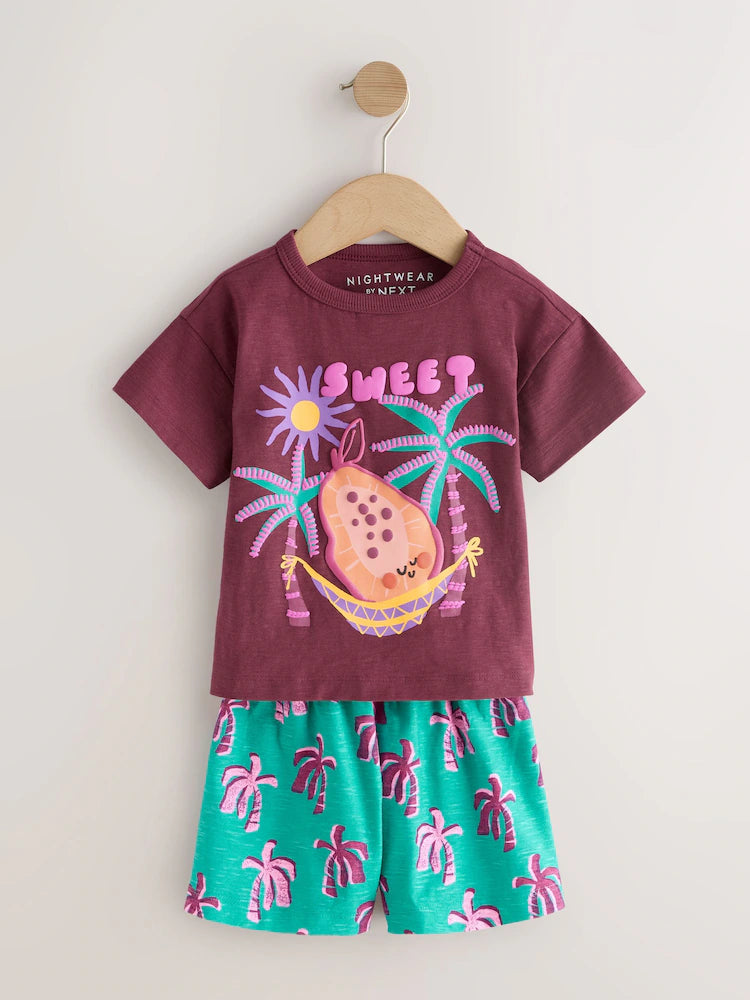 |Girl| Conjunto De 3 Pijamas Curtos Tropicais Laranja/Neutros (9 meses a 12 anos)