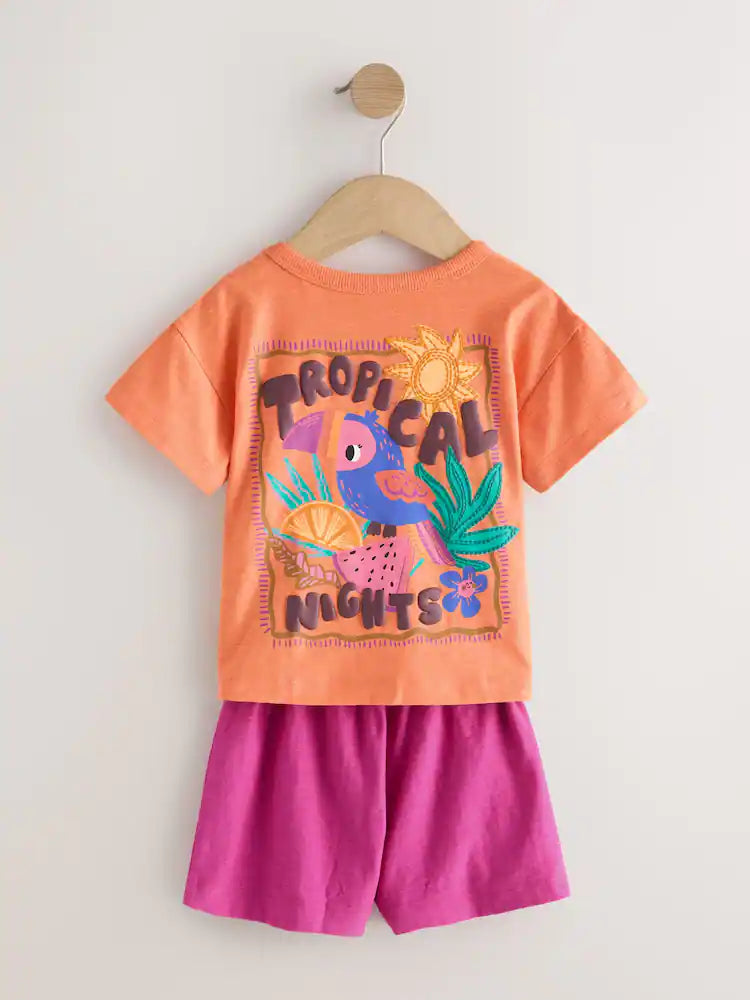 |Girl| Conjunto De 3 Pijamas Curtos Tropicais Laranja/Neutros (9 meses a 12 anos)