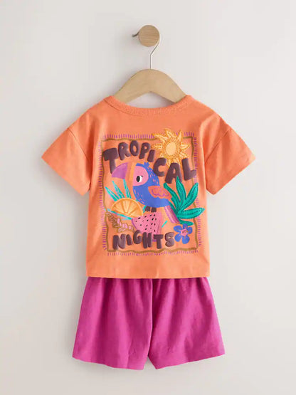 |Girl| Conjunto De 3 Pijamas Curtos Tropicais Laranja/Neutros (9 meses a 12 anos)