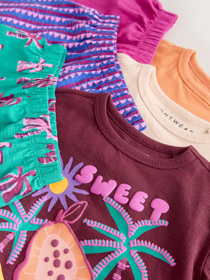 |Girl| Conjunto De 3 Pijamas Curtos Tropicais Laranja/Neutros (9 meses a 12 anos)
