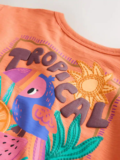 |Girl| Conjunto De 3 Pijamas Curtos Tropicais Laranja/Neutros (9 meses a 12 anos)