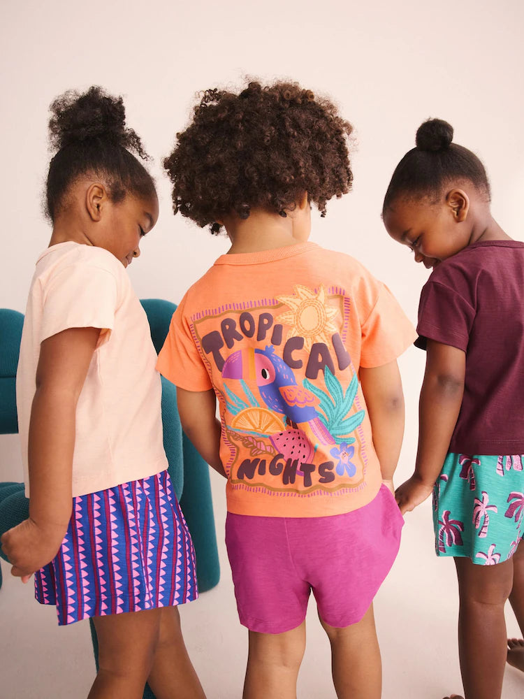 |Girl| Conjunto De 3 Pijamas Curtos Tropicais Laranja/Neutros (9 meses a 12 anos)