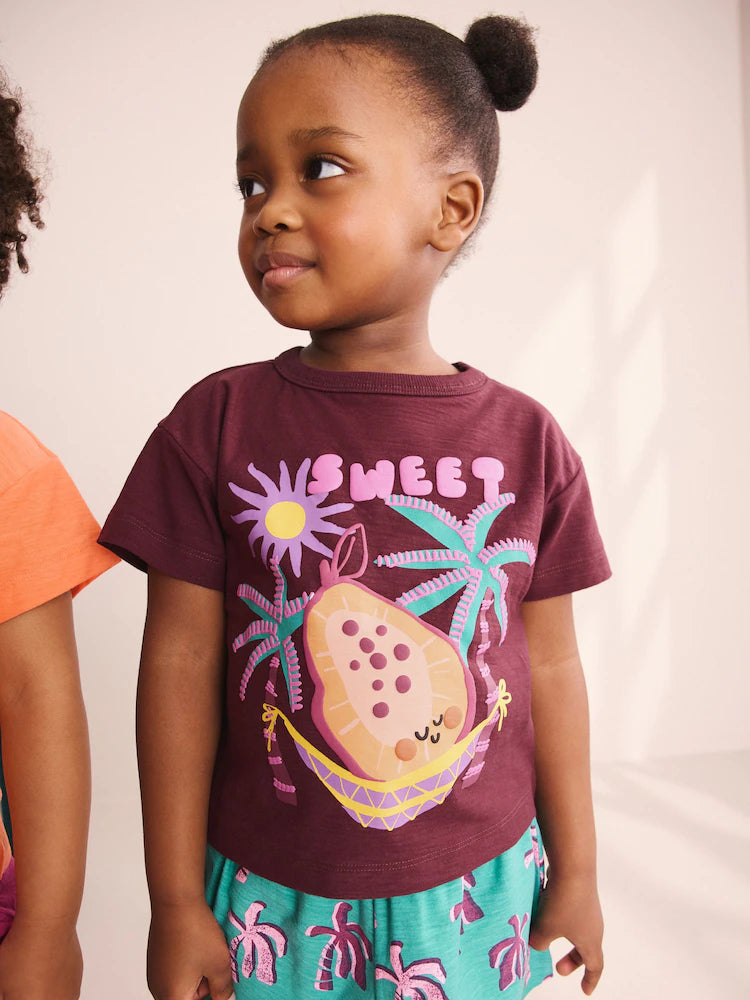 |Girl| Conjunto De 3 Pijamas Curtos Tropicais Laranja/Neutros (9 meses a 12 anos)