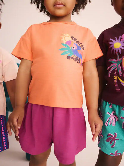 |Girl| Conjunto De 3 Pijamas Curtos Tropicais Laranja/Neutros (9 meses a 12 anos)