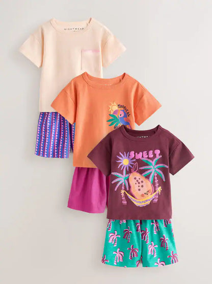 |Girl| Conjunto De 3 Pijamas Curtos Tropicais Laranja/Neutros (9 meses a 12 anos)