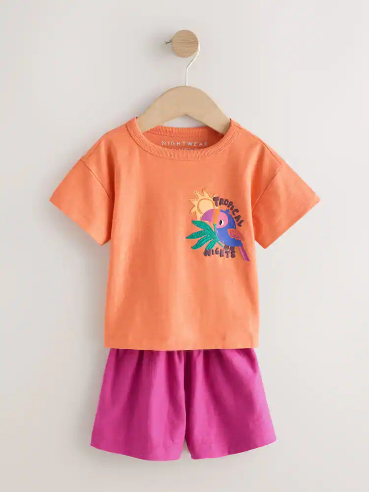 |Girl| Conjunto De 3 Pijamas Curtos Tropicais Laranja/Neutros (9 meses a 12 anos)
