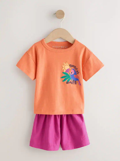 |Girl| Conjunto De 3 Pijamas Curtos Tropicais Laranja/Neutros (9 meses a 12 anos)