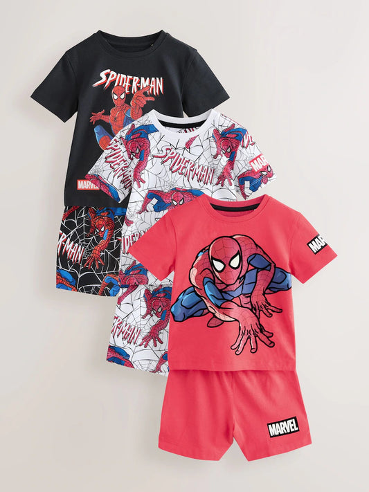 |Boy| Conjunto Com 3 Pijamas Curtos Do Homem-Aranha Nas Cores Preto e Vermelho (12 meses a 10 anos)