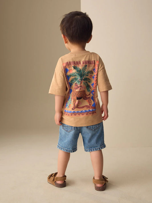 |Boy| Camiseta De Manga Curta Com Estampa De Oncinha Em Tons De Bege e Estampa Havana Sunset nas costas (3 meses a 7 anos)