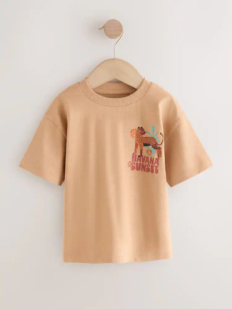 |Boy| Camiseta De Manga Curta Com Estampa De Oncinha Em Tons De Bege e Estampa Havana Sunset nas costas (3 meses a 7 anos)