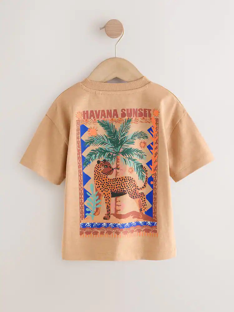 |Boy| Camiseta De Manga Curta Com Estampa De Oncinha Em Tons De Bege e Estampa Havana Sunset nas costas (3 meses a 7 anos)