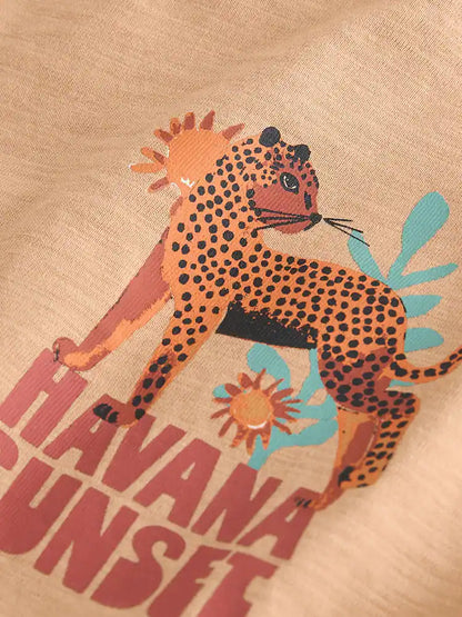 |Boy| Camiseta De Manga Curta Com Estampa De Oncinha Em Tons De Bege e Estampa Havana Sunset nas costas (3 meses a 7 anos)