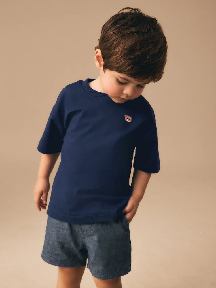 |Boy| Camiseta Pequena De Manga Curta Com Bordado De Urso Azul Marinho (3 meses -7 anos)
