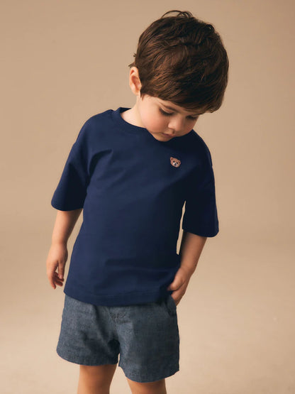 |Boy| Camiseta Pequena De Manga Curta Com Bordado De Urso Azul Marinho (3 meses -7 anos)