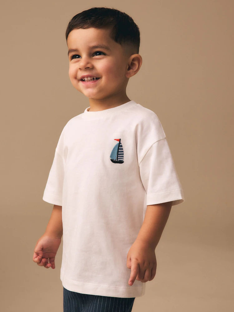 |Boy| Camiseta Branca De Manga Curta Com Estampa Náutica, Tamanho Pequeno (3 meses a 7 anos)