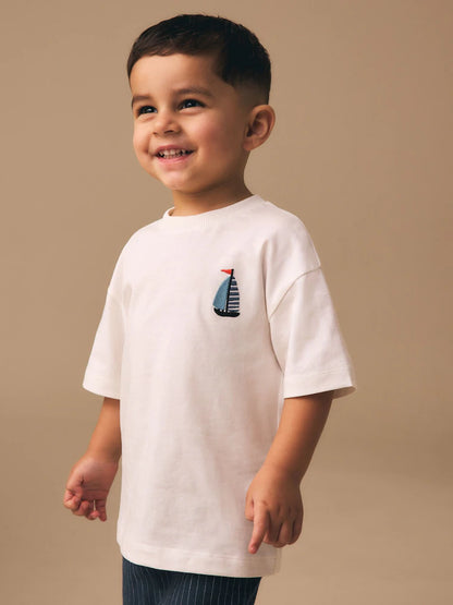 |Boy| Camiseta Branca De Manga Curta Com Estampa Náutica, Tamanho Pequeno (3 meses a 7 anos)
