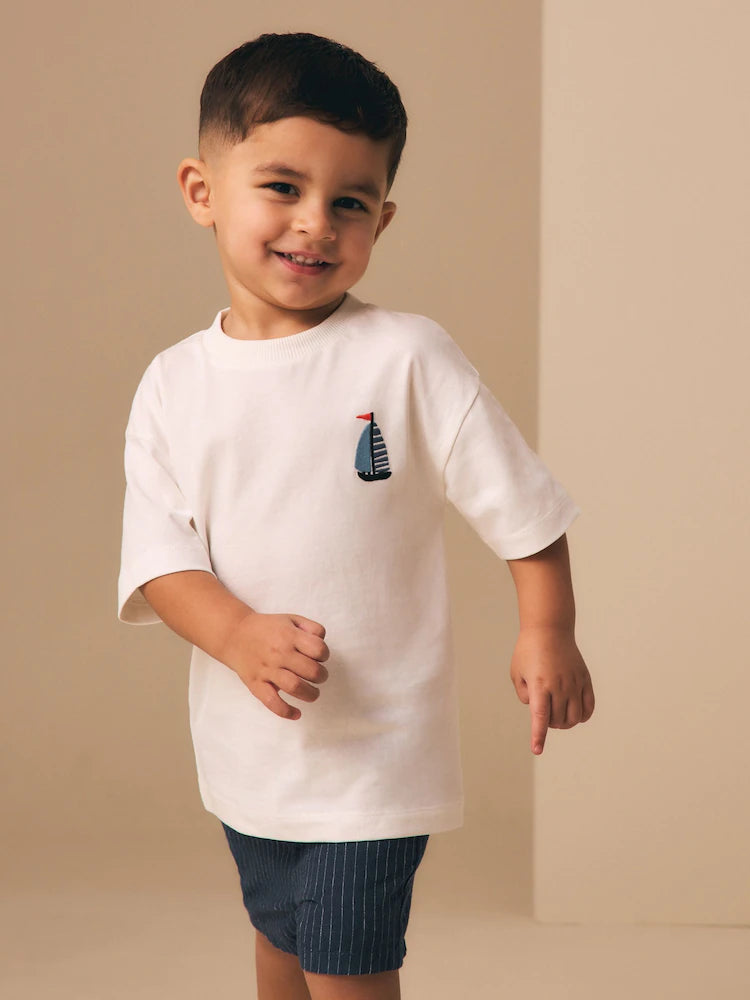 |Boy| Camiseta Branca De Manga Curta Com Estampa Náutica, Tamanho Pequeno (3 meses a 7 anos)