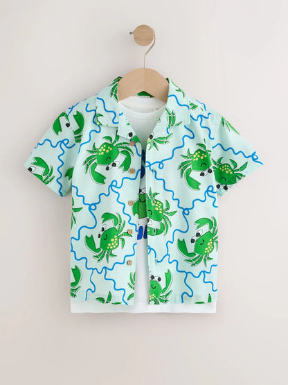|Boy| Conjunto De Camisa e Camiseta De Manga Curta Com Estampa De Caranguejo Azul Claro (6 meses a 7 anos)