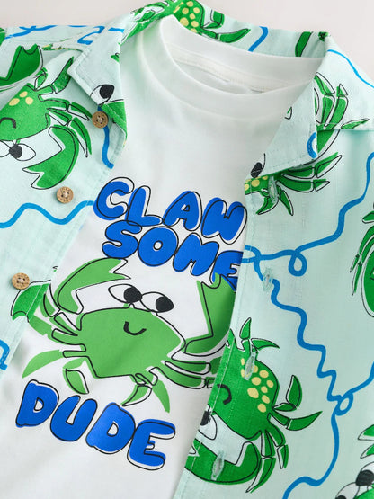 |Boy| Conjunto De Camisa e Camiseta De Manga Curta Com Estampa De Caranguejo Azul Claro (6 meses a 7 anos)