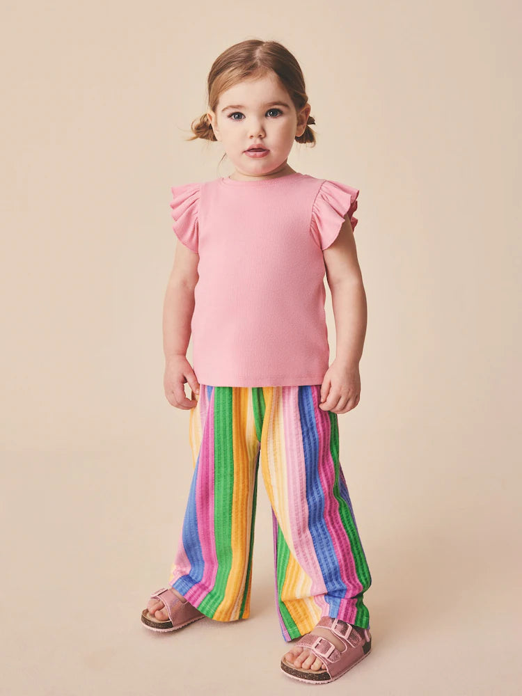 |Girl| Calças De Perna Larga Com Listras Rosa Arco-íris (3 meses a 7 anos)