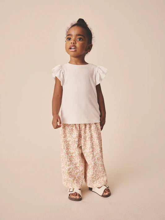 |Girl| Calças De Perna Larga Com Estampa Floral Miúda Em Tons De Bege e Branco (3 meses a 7 anos)