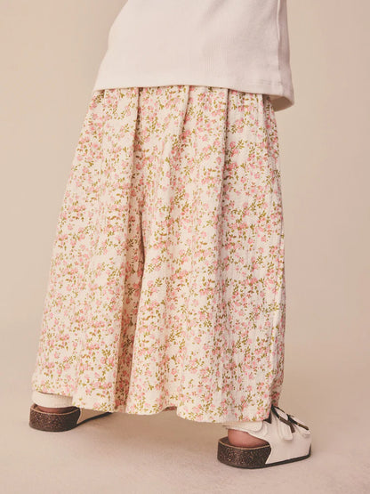 |Girl| Calças De Perna Larga Com Estampa Floral Miúda Em Tons De Bege e Branco (3 meses a 7 anos)