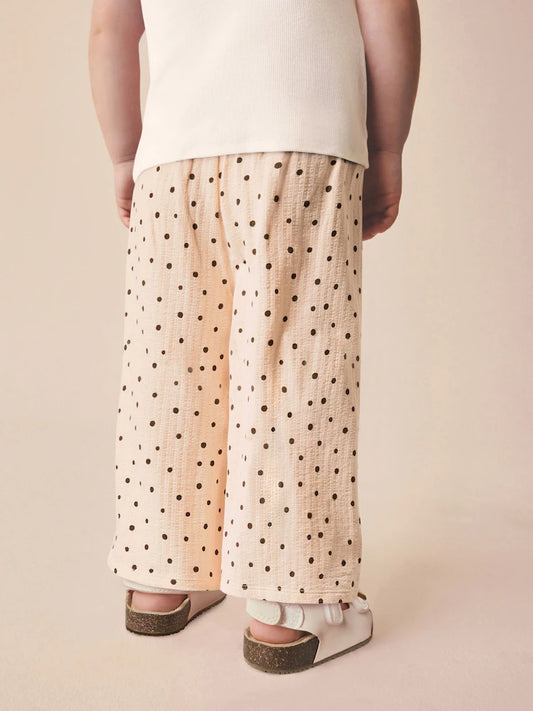 |Girl| Calças De Perna Larga Com Estampa De Bolinhas Monocromáticas Na Cor Cru (3 meses a 7 anos)