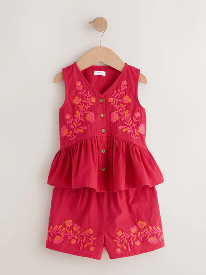 |Girl| Conjunto Coordenado De Blusa e Shorts Bordados Em Vermelho (3 meses a 8 anos)