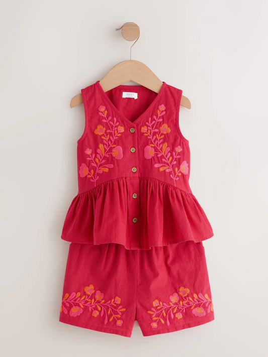 |Girl| Conjunto Coordenado De Blusa e Shorts Bordados Em Vermelho (3 meses a 8 anos)