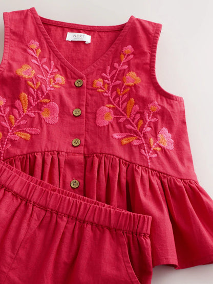 |Girl| Conjunto Coordenado De Blusa e Shorts Bordados Em Vermelho (3 meses a 8 anos)