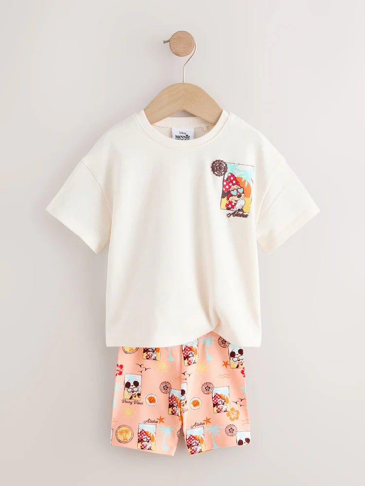 |Girl| Conjunto De Shorts De Ciclismo Minnie Mouse Nas Cores Bege e Branco (3 meses a 7 anos)