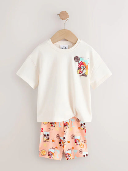 |Girl| Conjunto De Shorts De Ciclismo Minnie Mouse Nas Cores Bege e Branco (3 meses a 7 anos)
