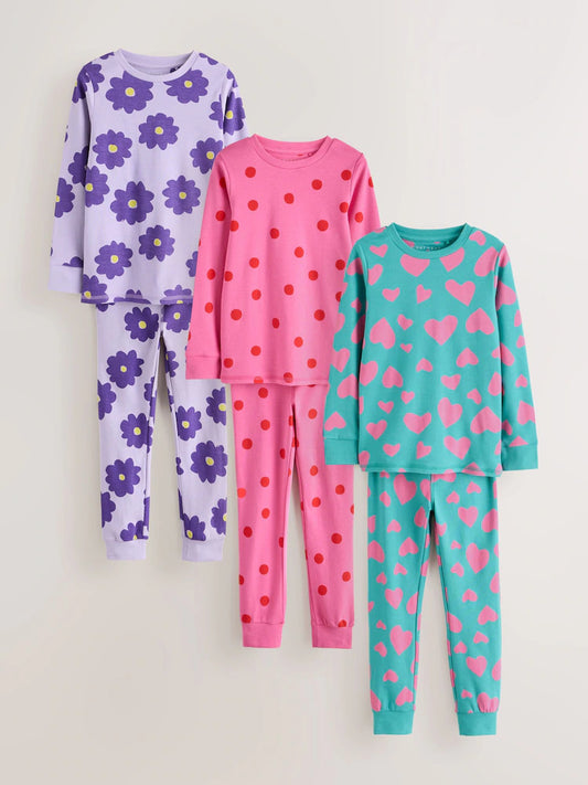 |Girl| Conjunto De 3 Pijamas Aconchegantes Com Estampa De Carimbo Rosa/Turquesa (9 meses a 12 anos)
