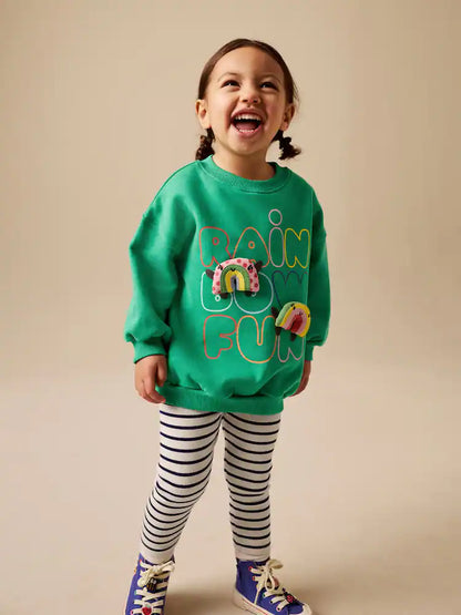 |Girl| Conjunto De Moletom Verde Com Estampa De Arco-íris e Calça Legging Flare (3 meses a 7 anos)