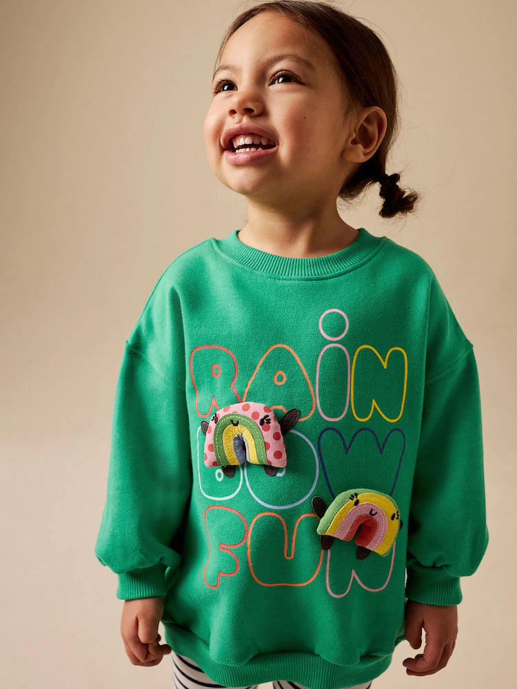 |Girl| Conjunto De Moletom Verde Com Estampa De Arco-íris e Calça Legging Flare (3 meses a 7 anos)