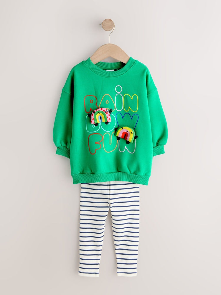 |Girl| Conjunto De Moletom Verde Com Estampa De Arco-íris e Calça Legging Flare (3 meses a 7 anos)