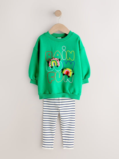 |Girl| Conjunto De Moletom Verde Com Estampa De Arco-íris e Calça Legging Flare (3 meses a 7 anos)