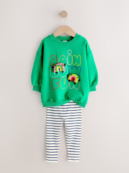 |Girl| Conjunto De Moletom Verde Com Estampa De Arco-íris e Calça Legging Flare (3 meses a 7 anos)