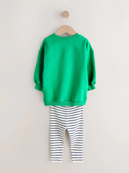 |Girl| Conjunto De Moletom Verde Com Estampa De Arco-íris e Calça Legging Flare (3 meses a 7 anos)