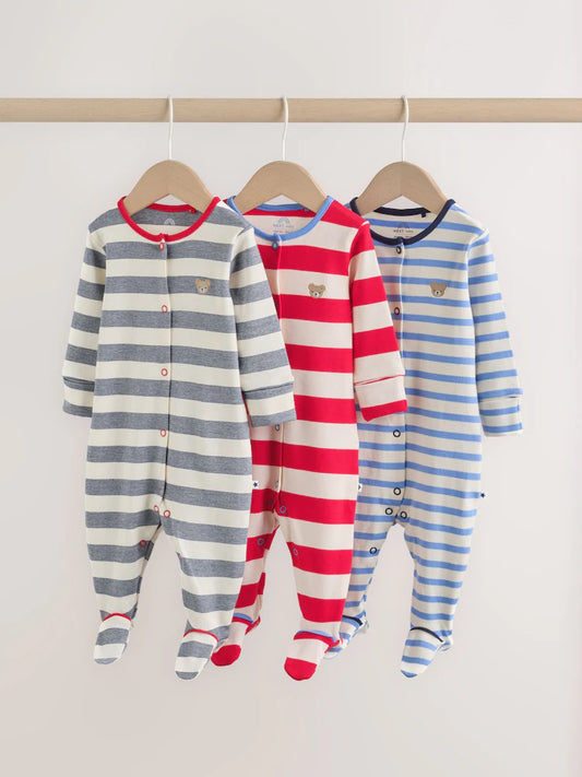 |BabyBoy| Conjunto De 3 Macacões De Dormir Para Bebê Com Listras Azuis e Vermelhas (0 meses a 2 anos)