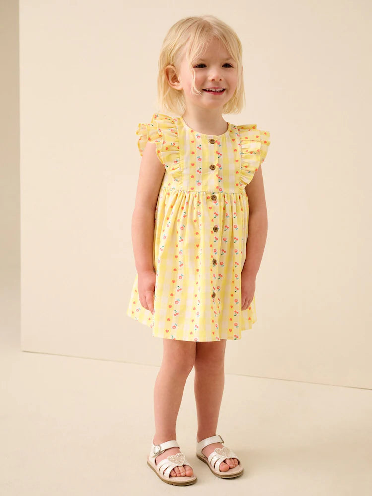 |Girl| Vestido Xadrez Amarelo Pastel Com Mangas Duplas e Babados (3 meses a 8 anos)