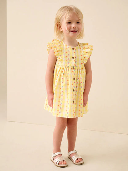|Girl| Vestido Xadrez Amarelo Pastel Com Mangas Duplas e Babados (3 meses a 8 anos)
