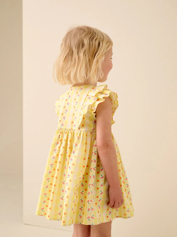 |Girl| Vestido Xadrez Amarelo Pastel Com Mangas Duplas e Babados (3 meses a 8 anos)