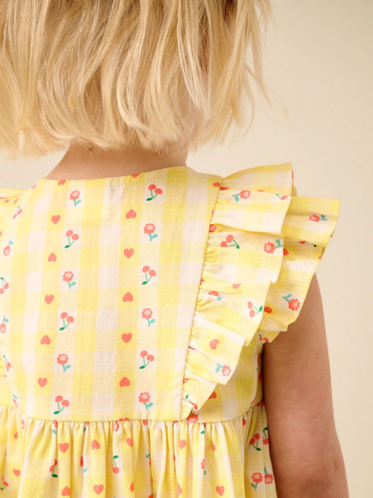 |Girl| Vestido Xadrez Amarelo Pastel Com Mangas Duplas e Babados (3 meses a 8 anos)