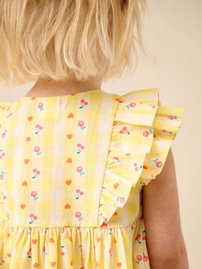 |Girl| Vestido Xadrez Amarelo Pastel Com Mangas Duplas e Babados (3 meses a 8 anos)