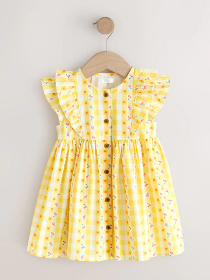 |Girl| Vestido Xadrez Amarelo Pastel Com Mangas Duplas e Babados (3 meses a 8 anos)