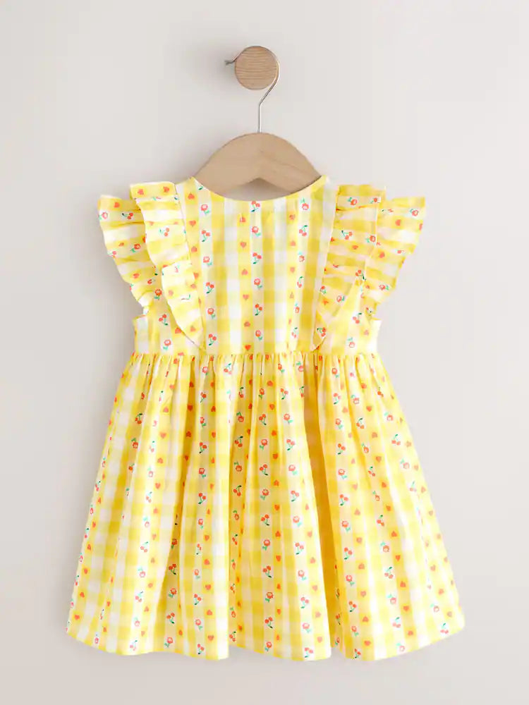|Girl| Vestido Xadrez Amarelo Pastel Com Mangas Duplas e Babados (3 meses a 8 anos)